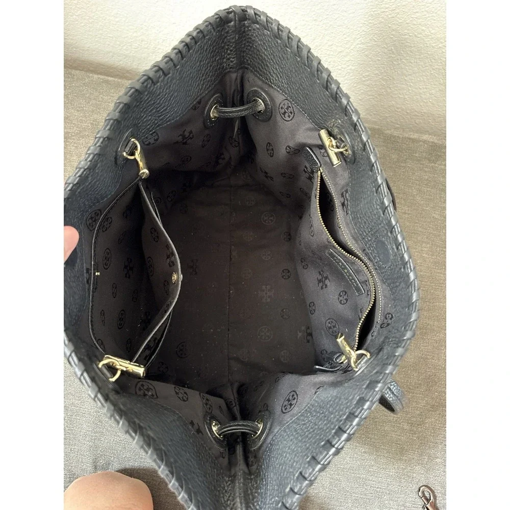 Tory Burch Marion Black Leather Slouchy Tote With Gold Hardware